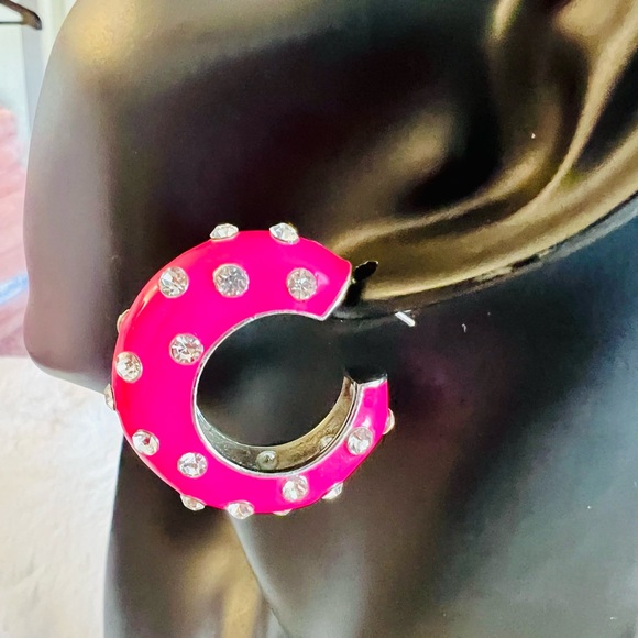New Zara Statement Enamel in Bright Pink Hoops/Huggies with Silver Rhinestones - Picture 4 of 9